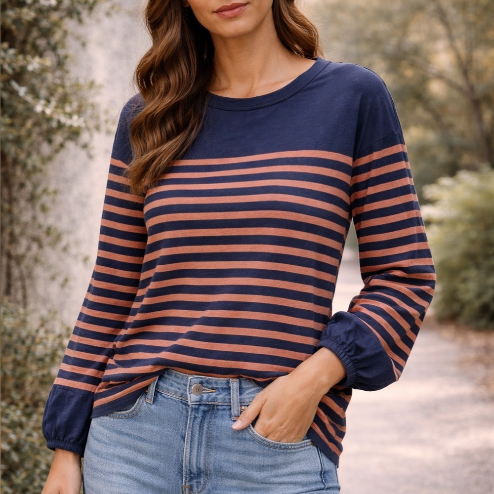 LOFT Navy and Rust Striped Long-Sleeve Top